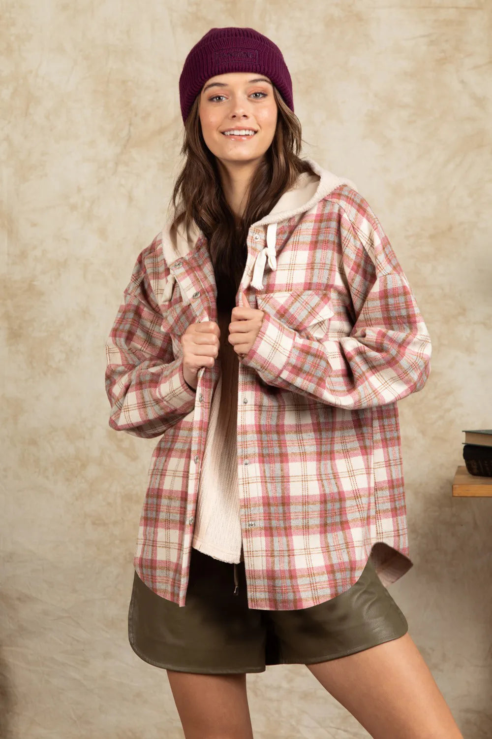 Drawstring Plaid Long Sleeve Hooded Jacket (3)