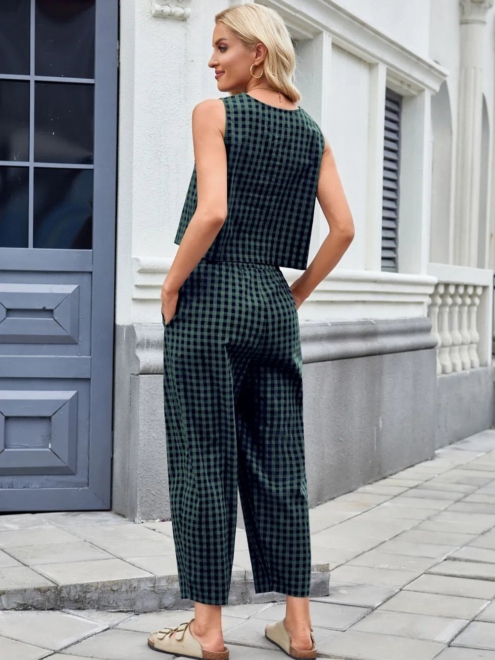 Plaid Sleeveless Top Pants Set (24)