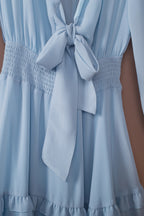 Tied Plunge Smocked Waist Flounce Sleeve Dress (17)