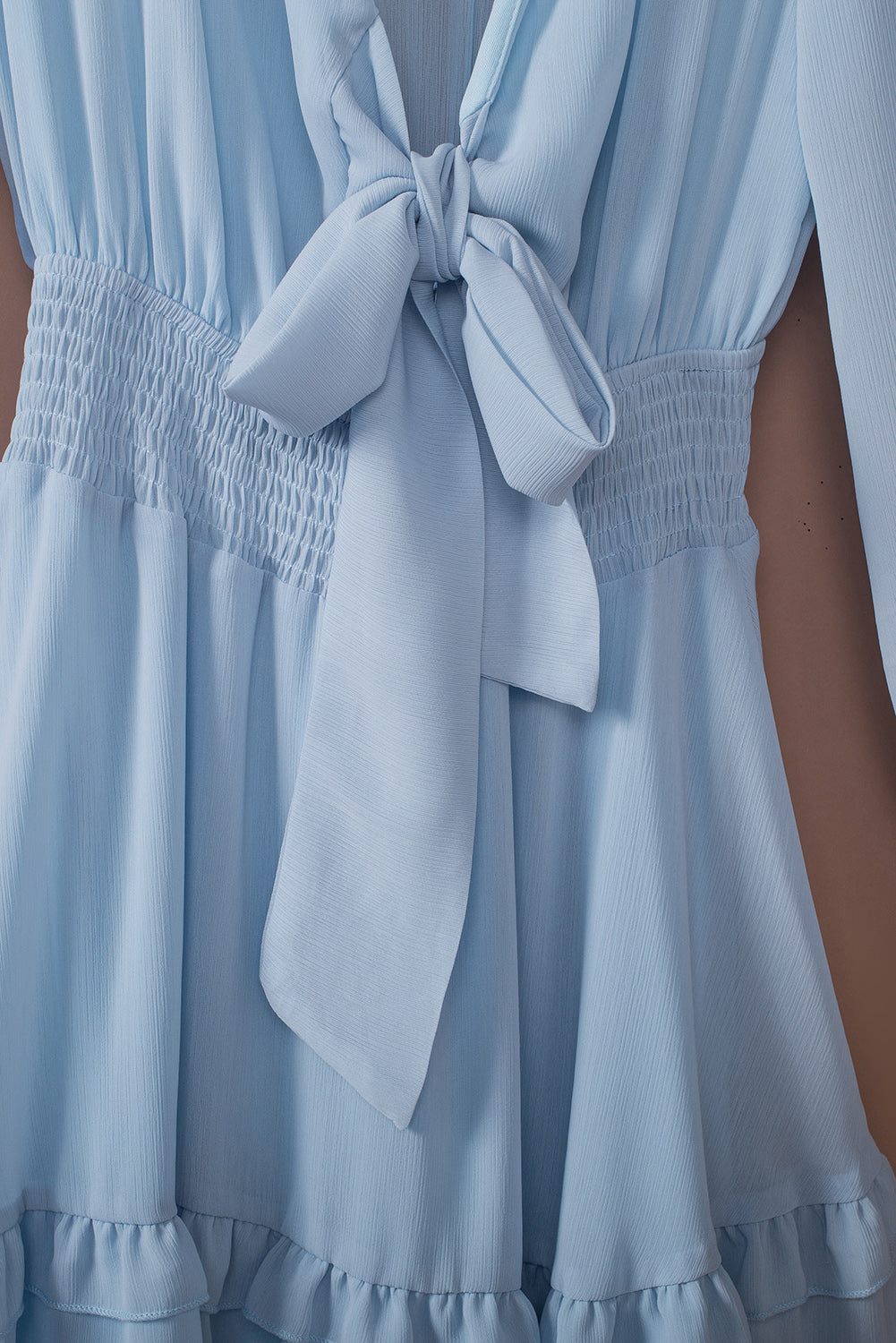 Tied Plunge Smocked Waist Flounce Sleeve Dress (17)