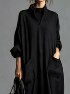 Full Size Loose-fit Mock Neck Midi Dress Pockets Plus (21)