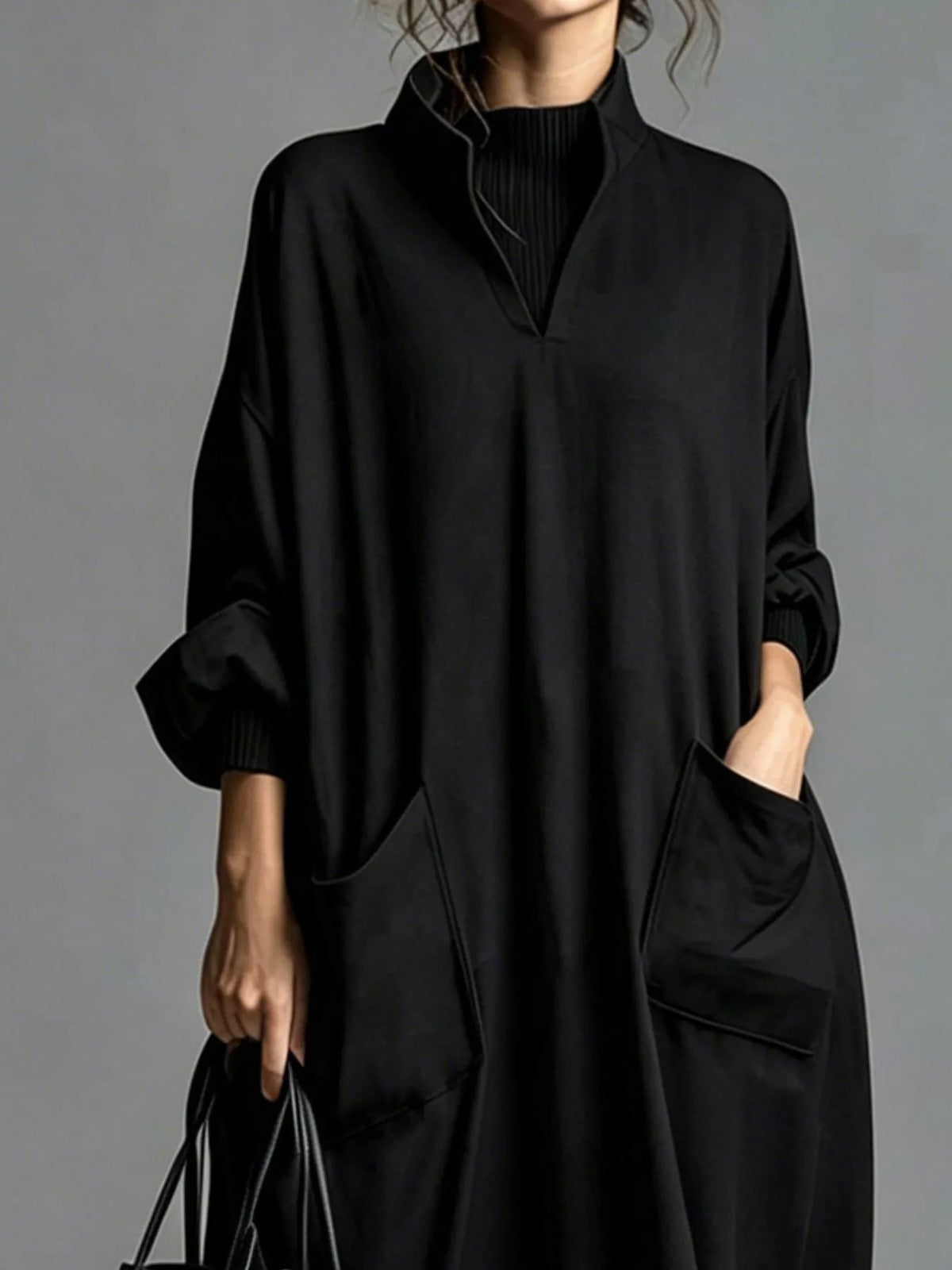 Full Size Loose-fit Mock Neck Midi Dress Pockets Plus (21)