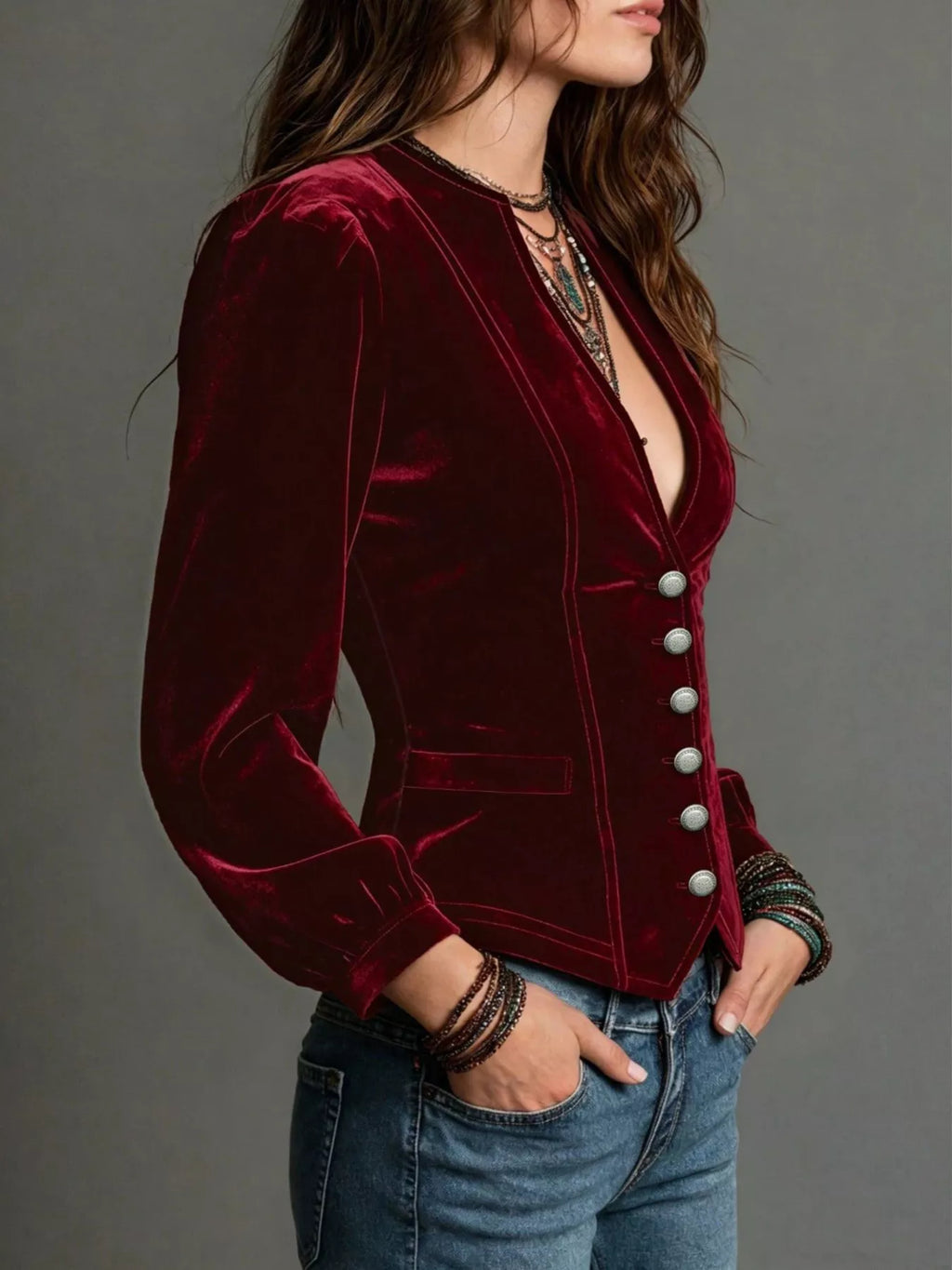 Button Down Plunge Velvet Shirt (3)