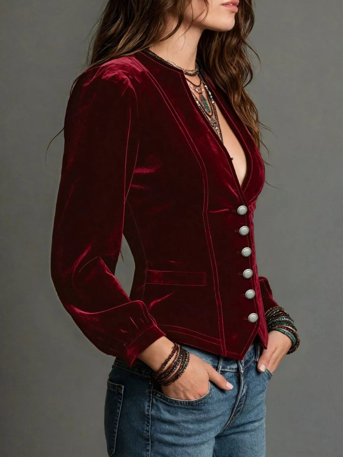 Button Down Plunge Velvet Shirt (3)