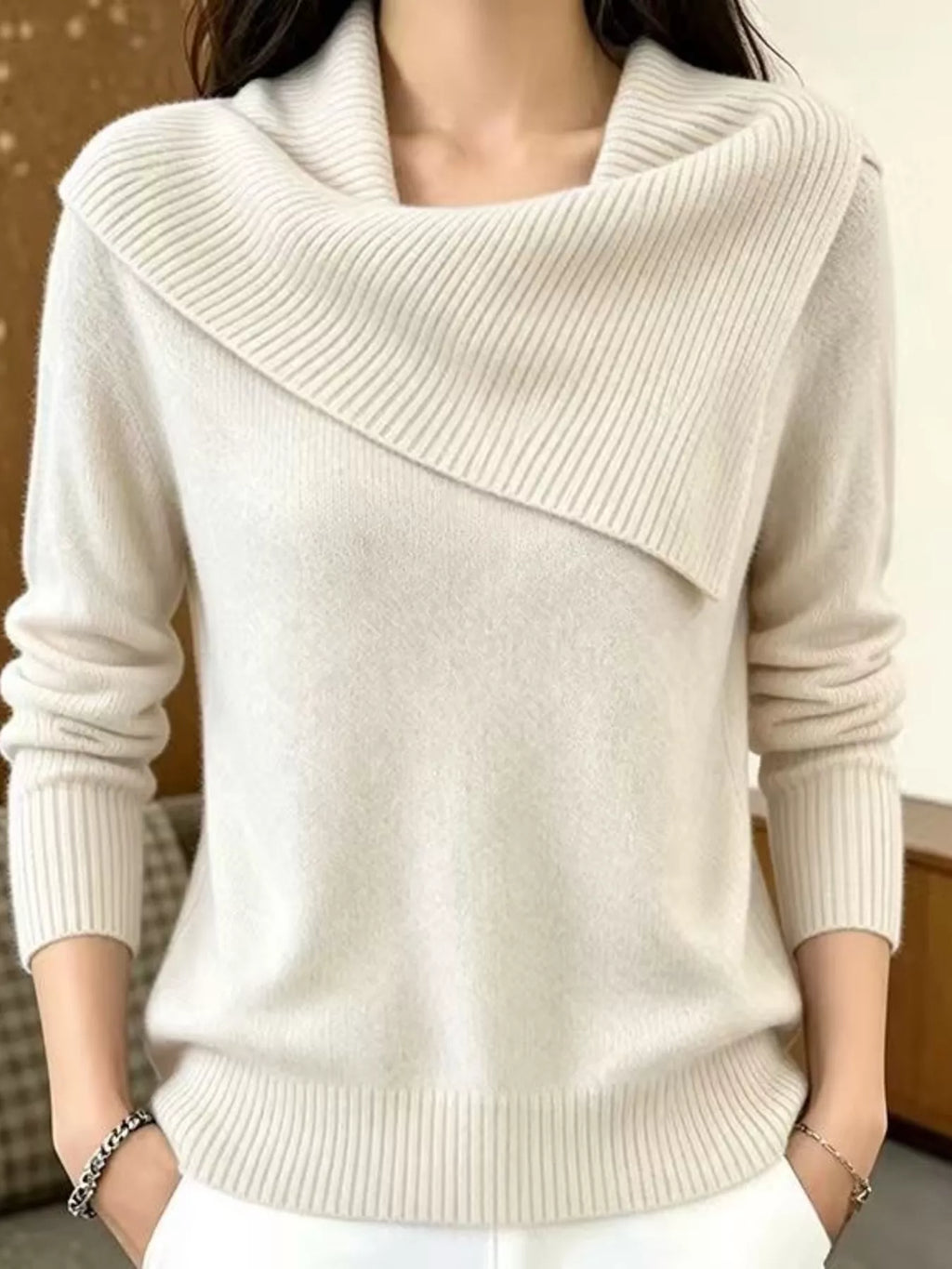 Full Size Asymmetric Ribbed Collar Sweater Plus