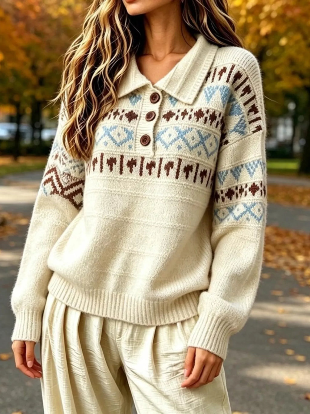 Full Size Vintage Fair Isle Pattern Polo Collar Sweater Plus (2)