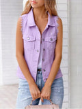 Full Size Button Down Raw Hem Sleeveless Denim Jacket Plus