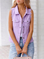 Full Size Button Down Raw Hem Sleeveless Denim Jacket Plus