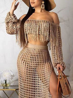 Full Size Crochet Off-shoulder Fringe Top Skirt Set Plus (11)