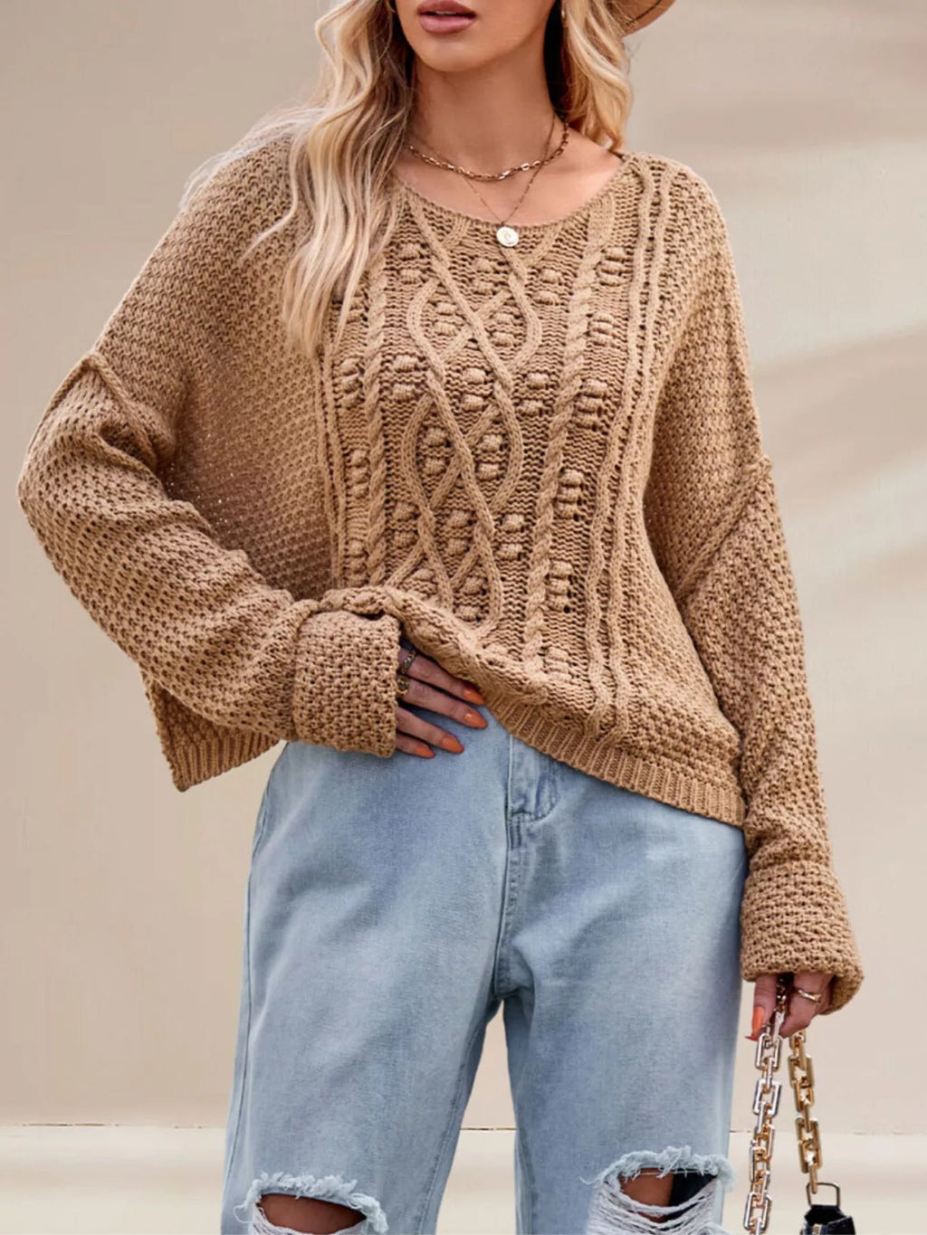 Cable Knit Dropped Shoulder Sweater (2)