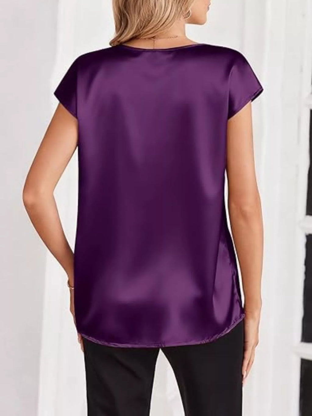Satin V-neck Short Sleeve Blouse (20)