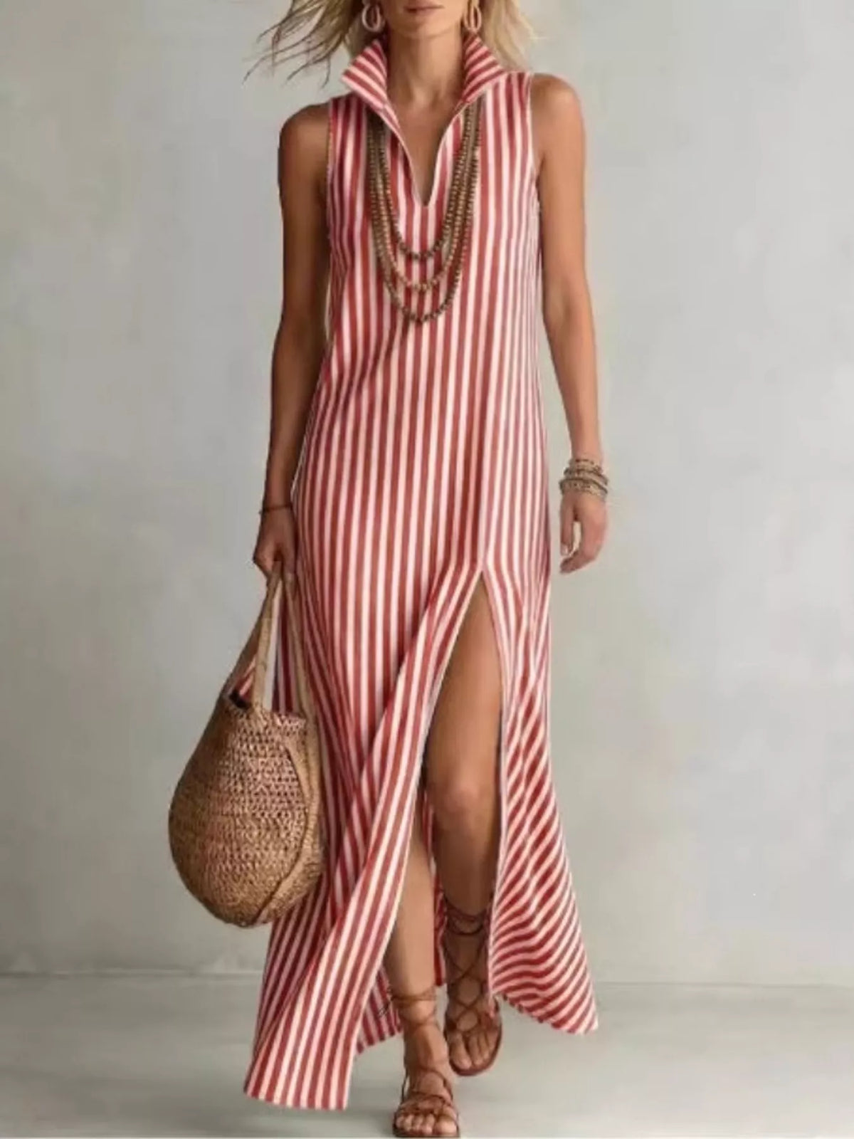 Full Size Striped Maxi Dress High Slit Plus (6)