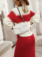 Two-tone Ribbed Knit Top Skirt Sweater Set (4)