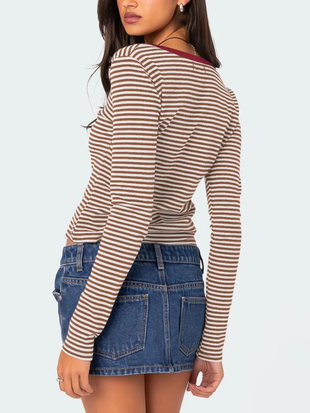 Buttoned Striped Long Sleeve T-shirt (17)