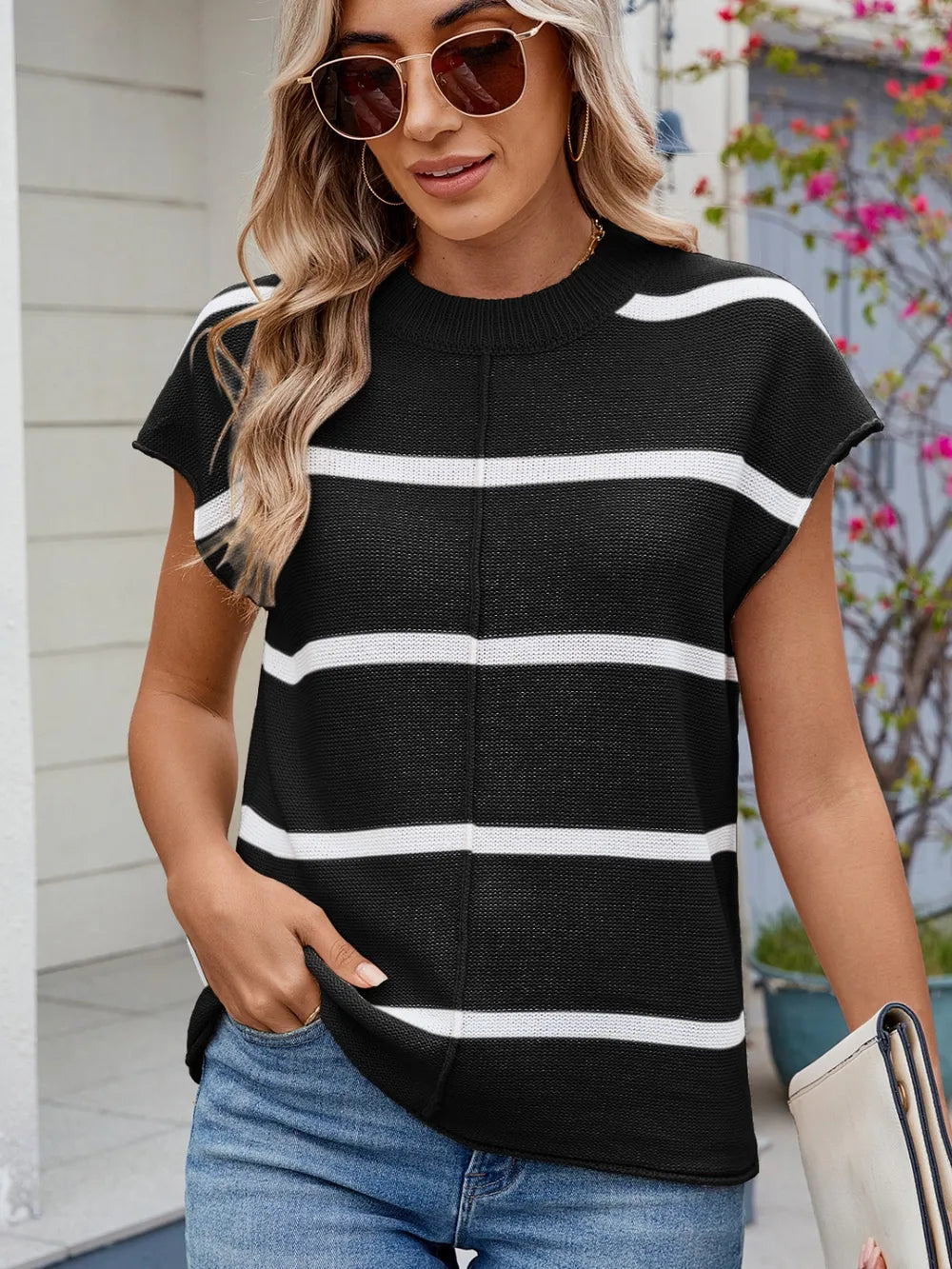 Exposed Seam Contrast Striped Round Neck Knit Top (13)
