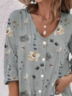 Floral Print V-neck Button-down Shirt (9)