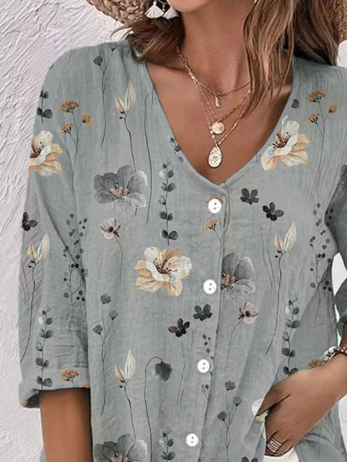 Floral Print V-neck Button-down Shirt (9)