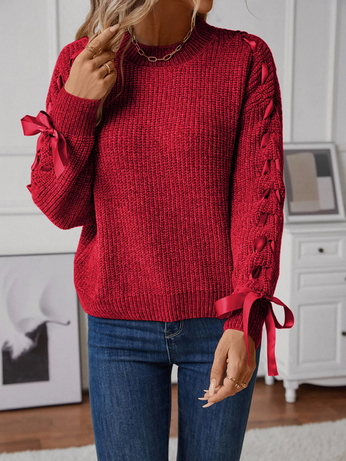 Ribbon-tie Sleeve Round Neck Sweater (9)