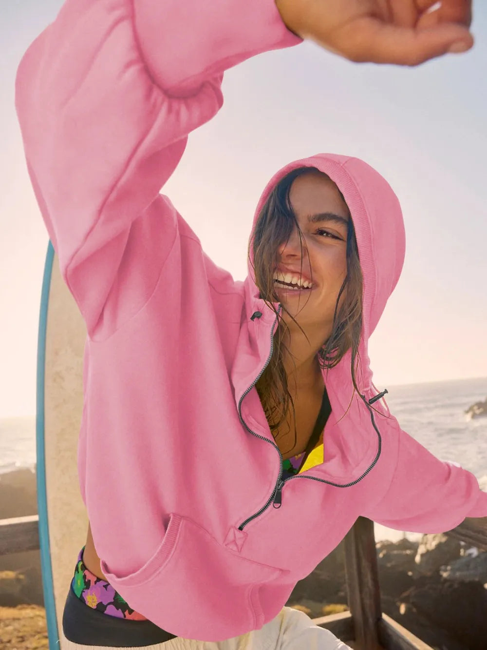Half Zip Pocketed Dropped Shoulder Hoodie (11)