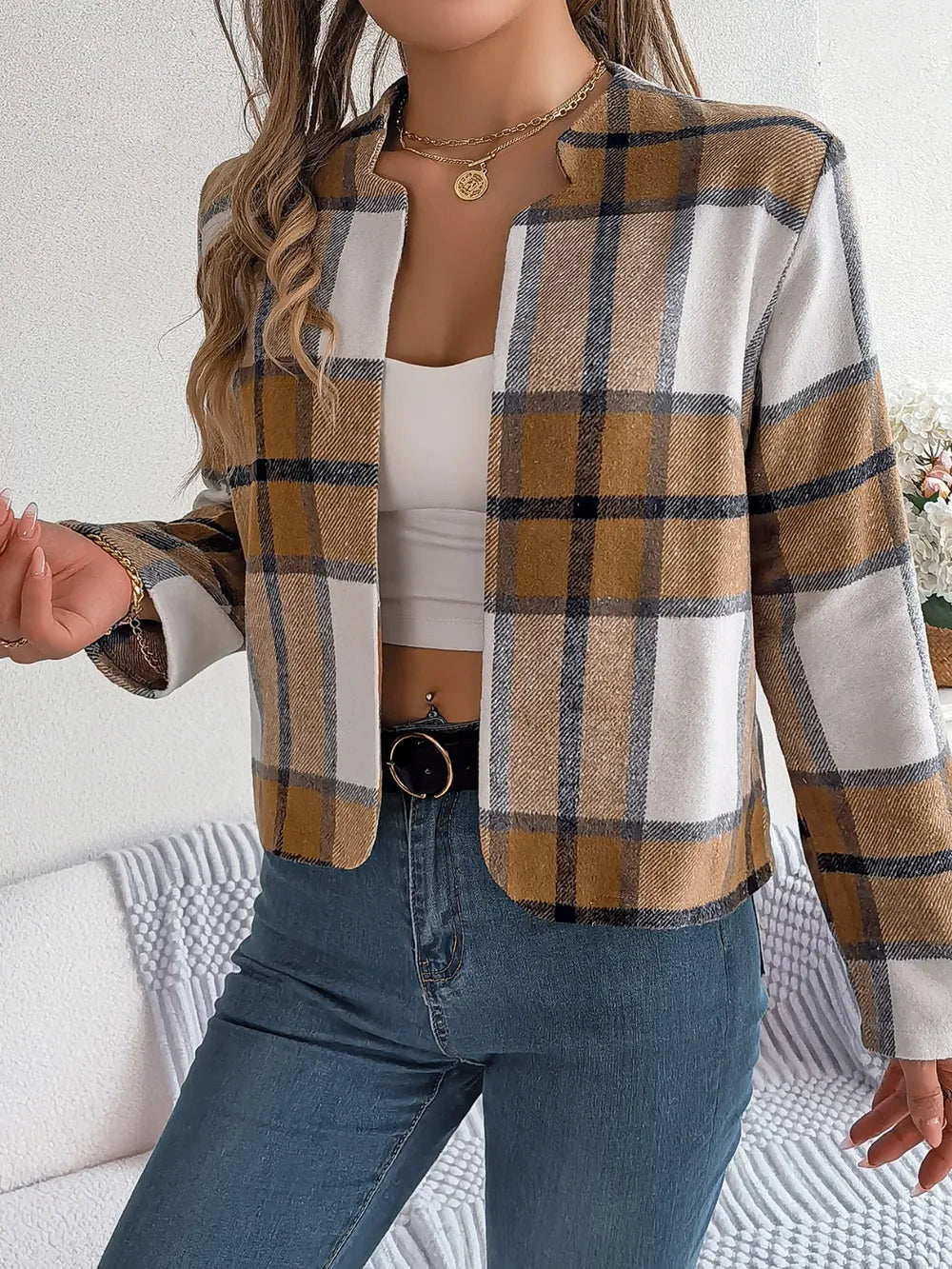 Plaid Open Front Long Sleeve Jacket (13)