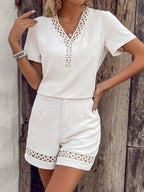 V Neck Short Sleeve Top Shorts Set (3)