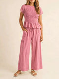Smocked Peplum Top Wide-leg Pants Set