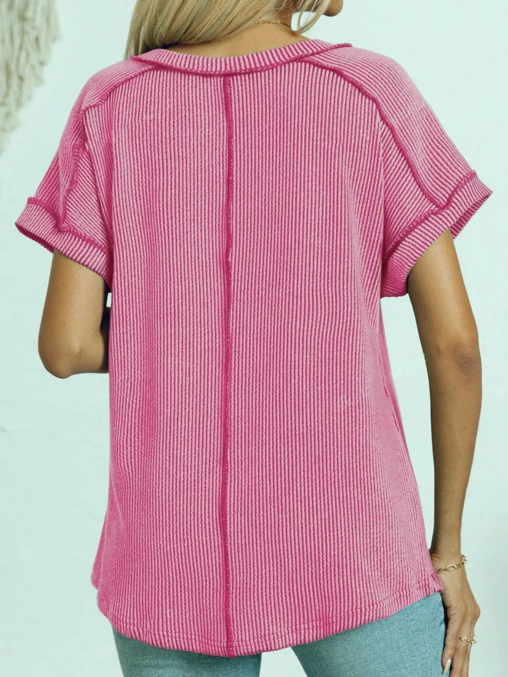 Exposed Seam V-neck Short Sleeve Top (6)