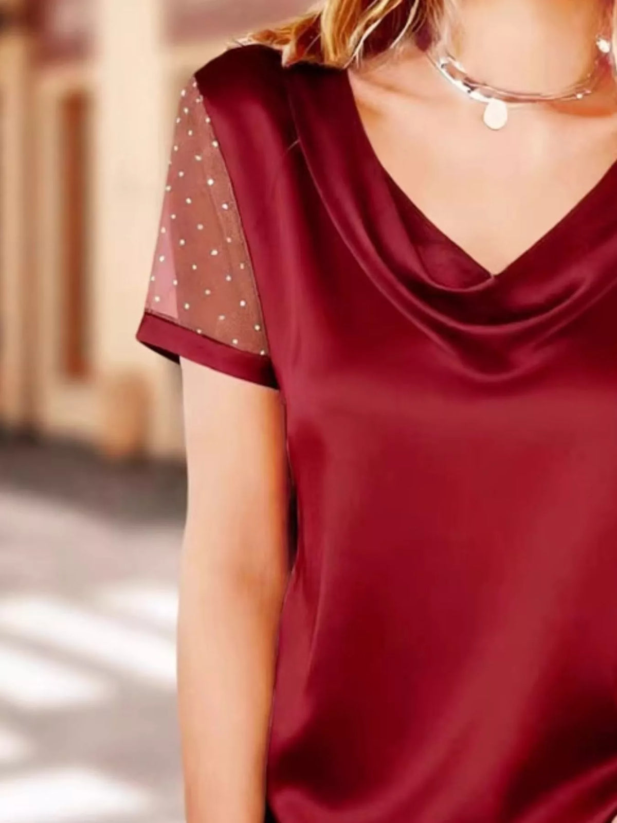 Cowl Neck Polka Dot Short Sleeve Top (6)