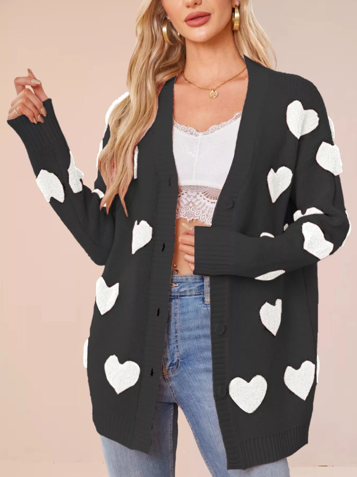 Heart Pattern Knit Button-up Cardigan (15)