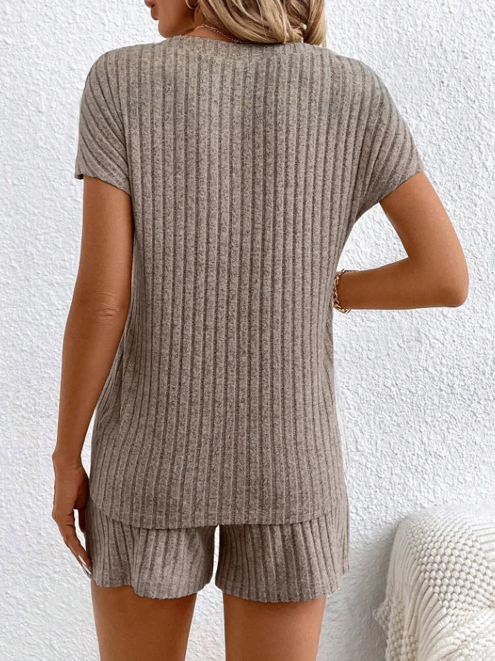 Ribbed V-neck Top Shorts Set (15)
