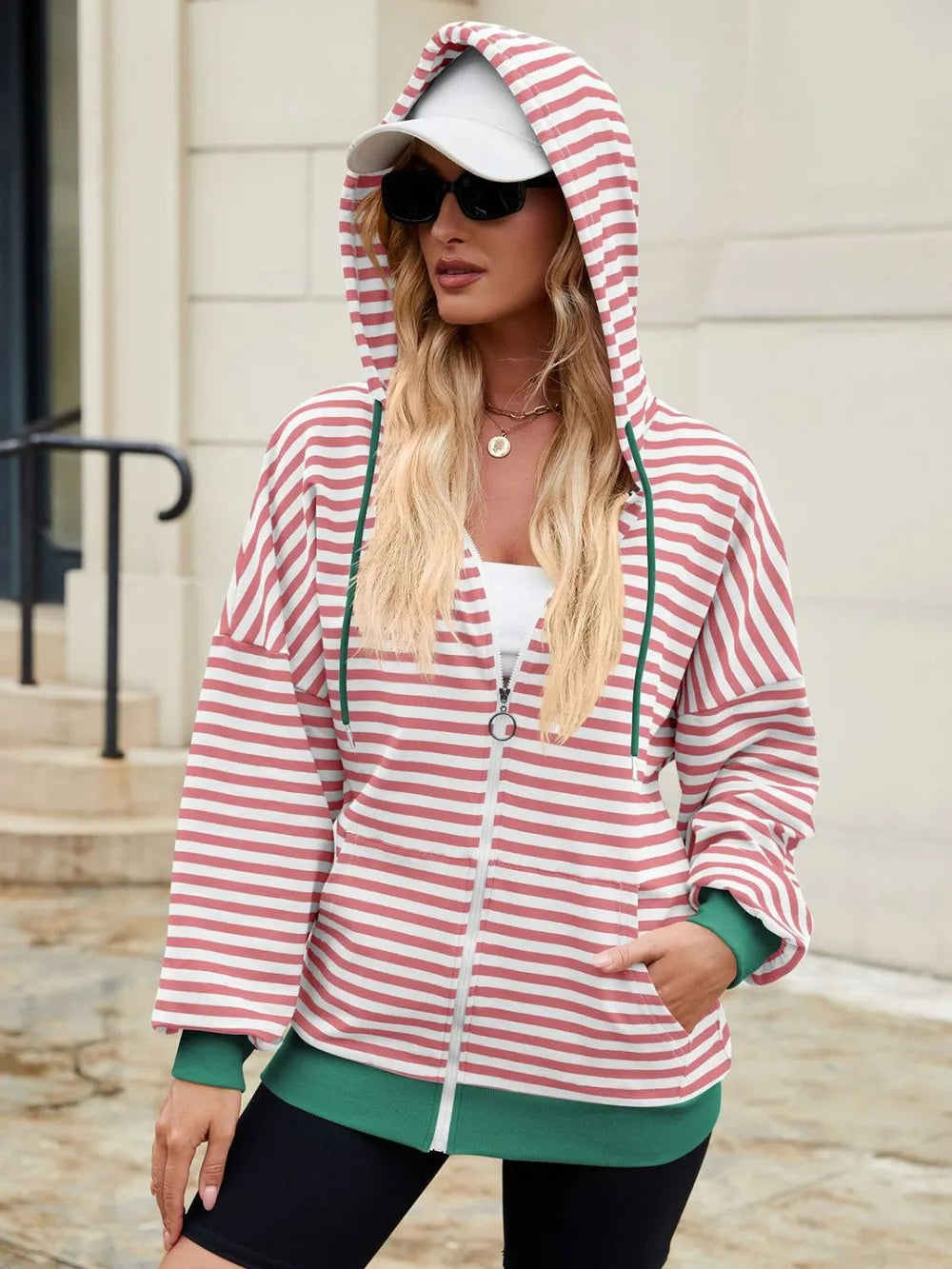 Drawstring Striped Zip Up Long Sleeve Hoodie (13)