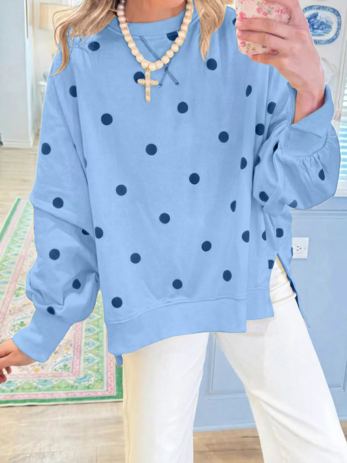 Side Slit Polka Dot Oversized Sweatshirt (13)