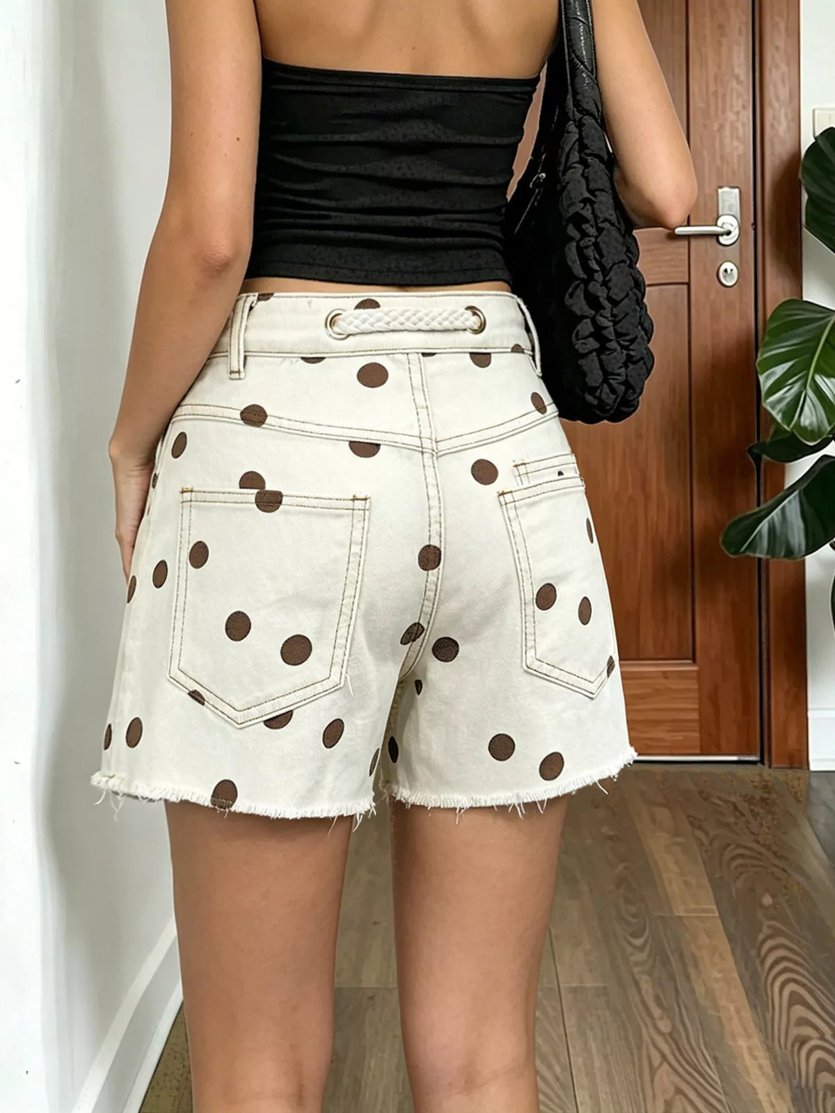Polka Dot Denim Shorts Braided Drawstring (2)