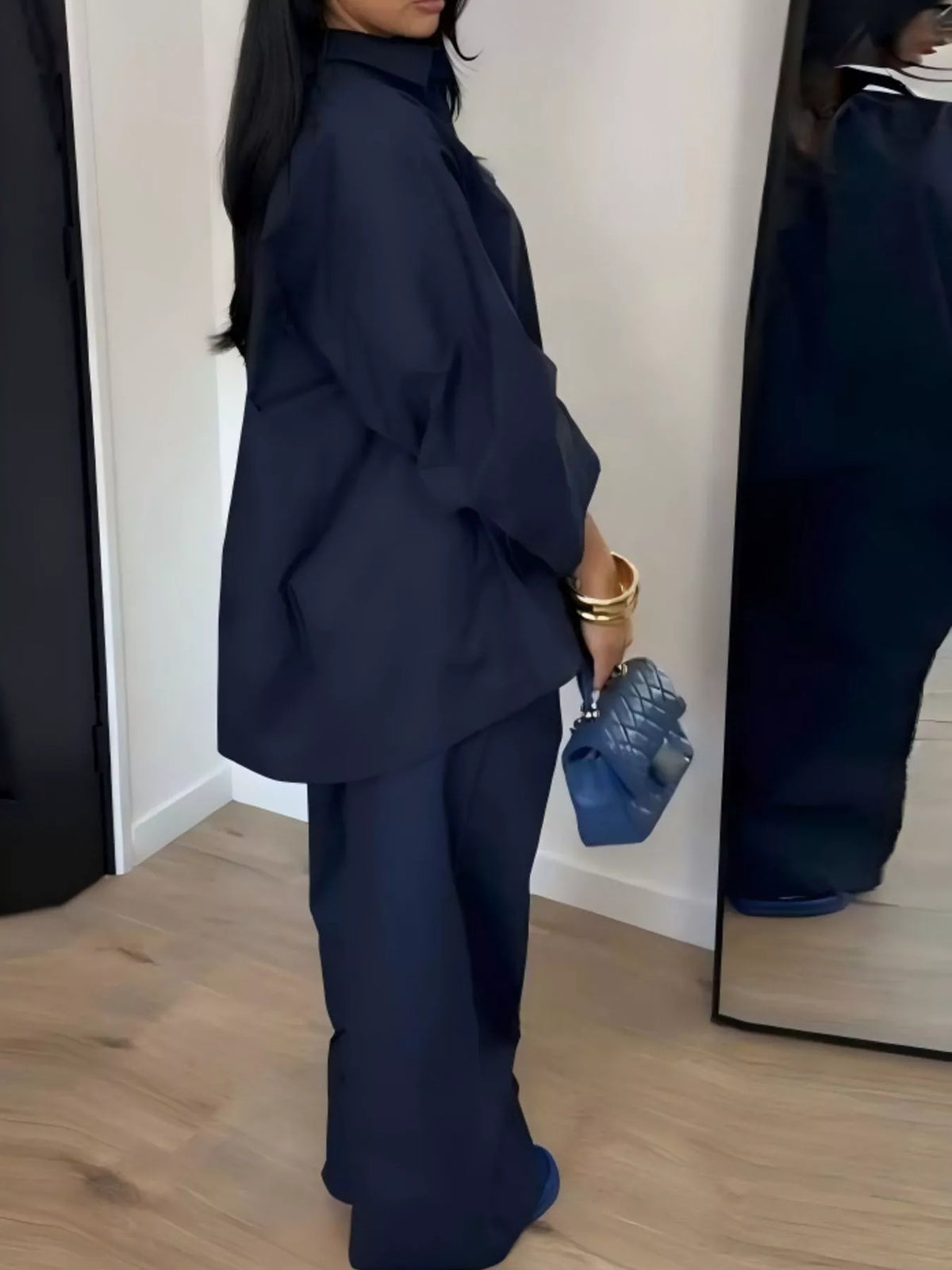 Button-down Shirt Wide-leg Pants Two-piece Set (3)