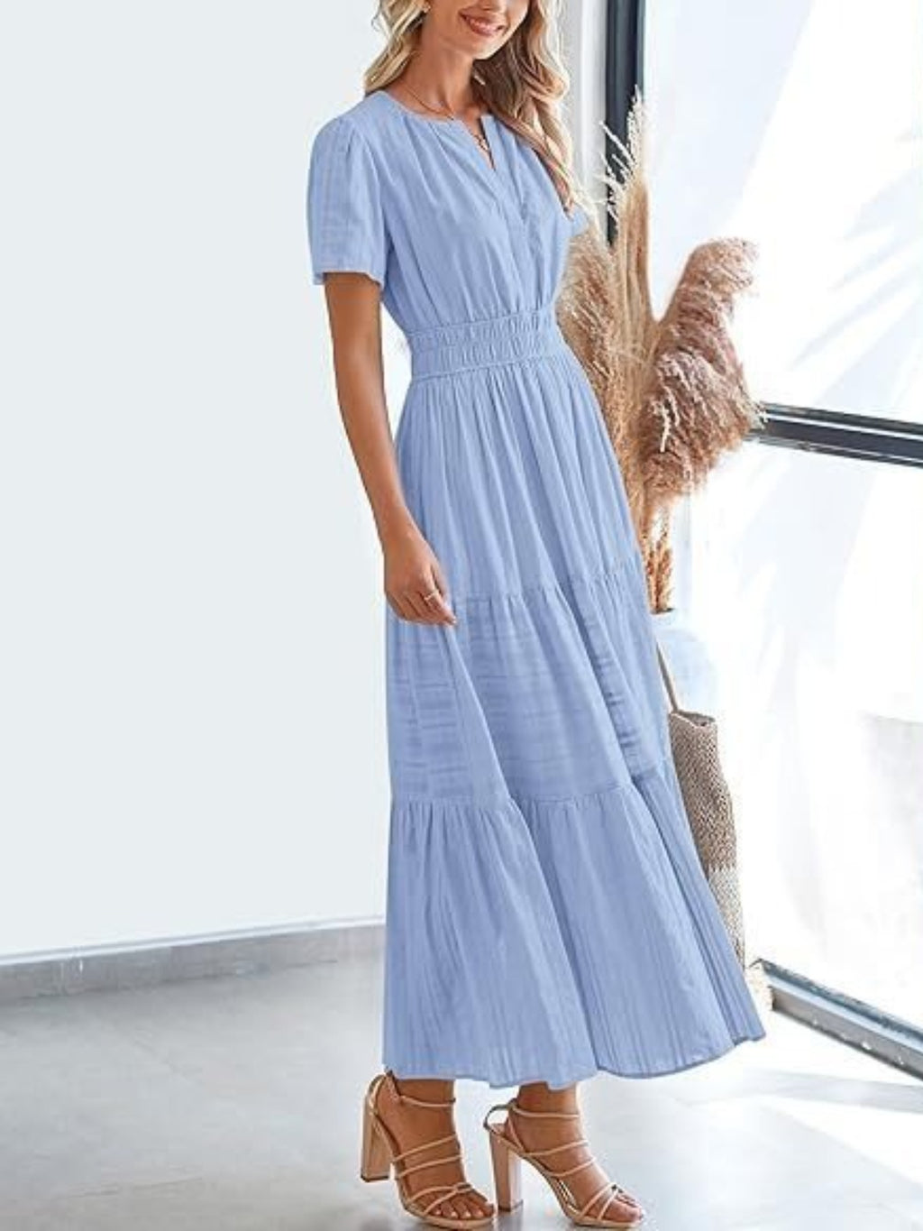 Notched Short Sleeve Tiered Dress (4)