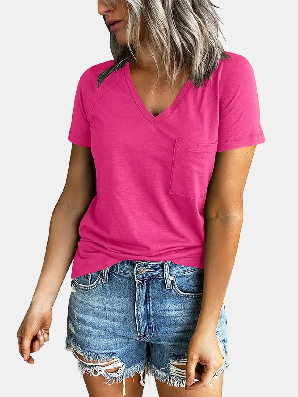 Pocketed V-neck Short Sleeve T-shirt (17)