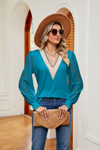 Contrast V-neck Long Sleeve Blouse (14)