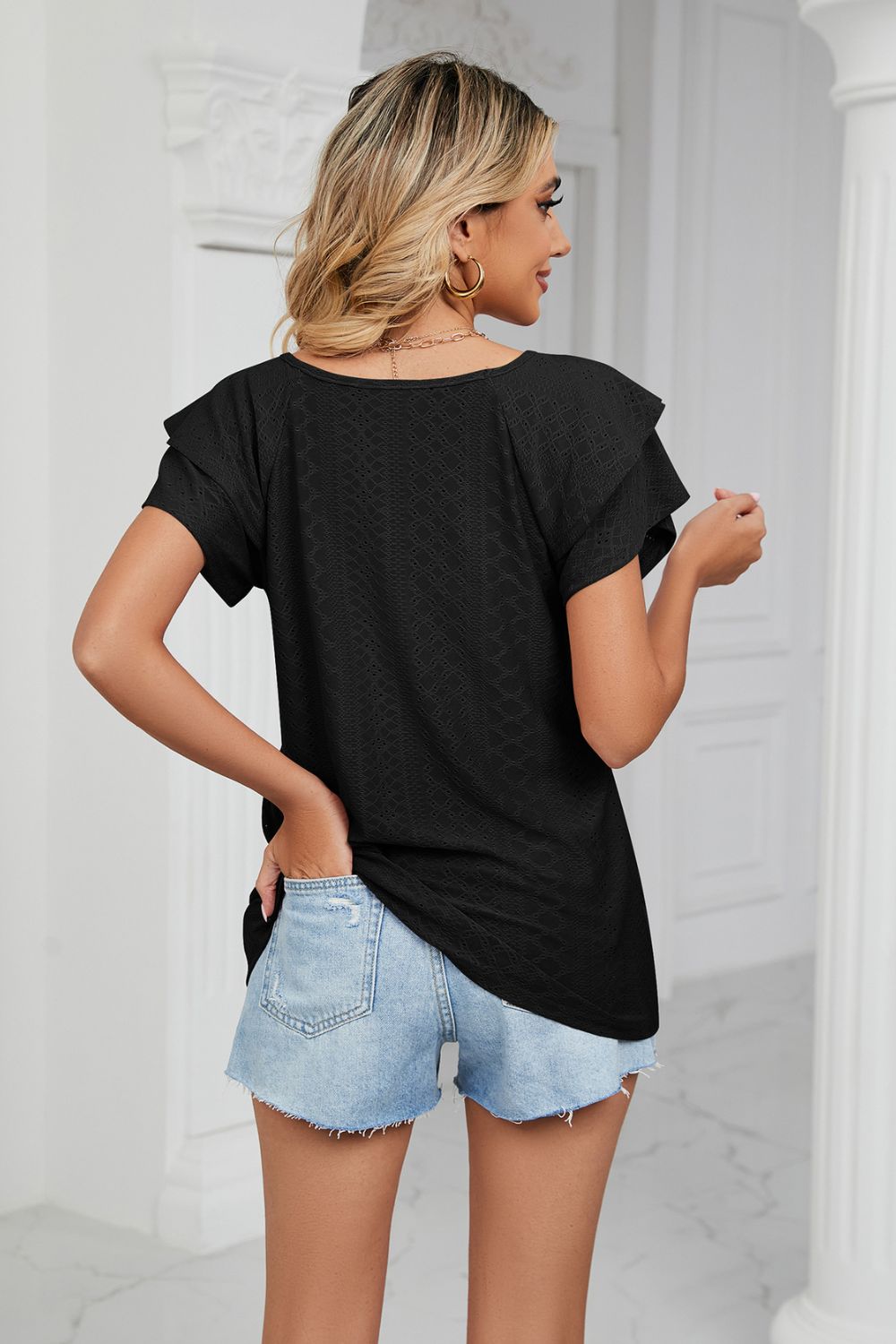 Eyelet Layered Flutter Sleeve V-neck Knit Top (15)
