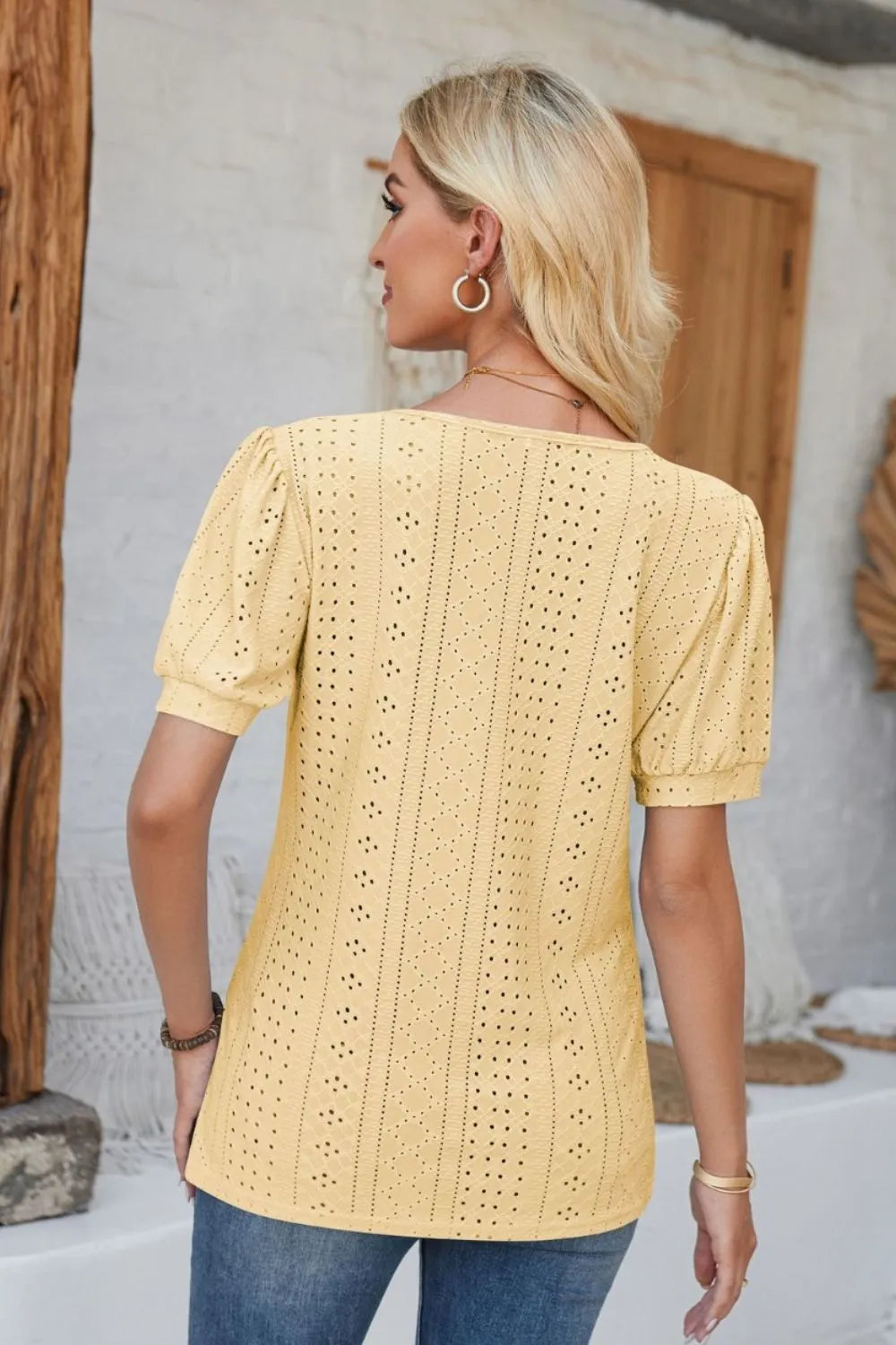 Eyelet Round Neck Short Sleeve Blouse (19)