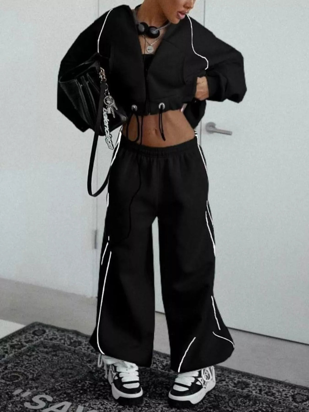 Cropped Zip-up Hoodie Wide-leg Sweatpants Lounge Set (7)