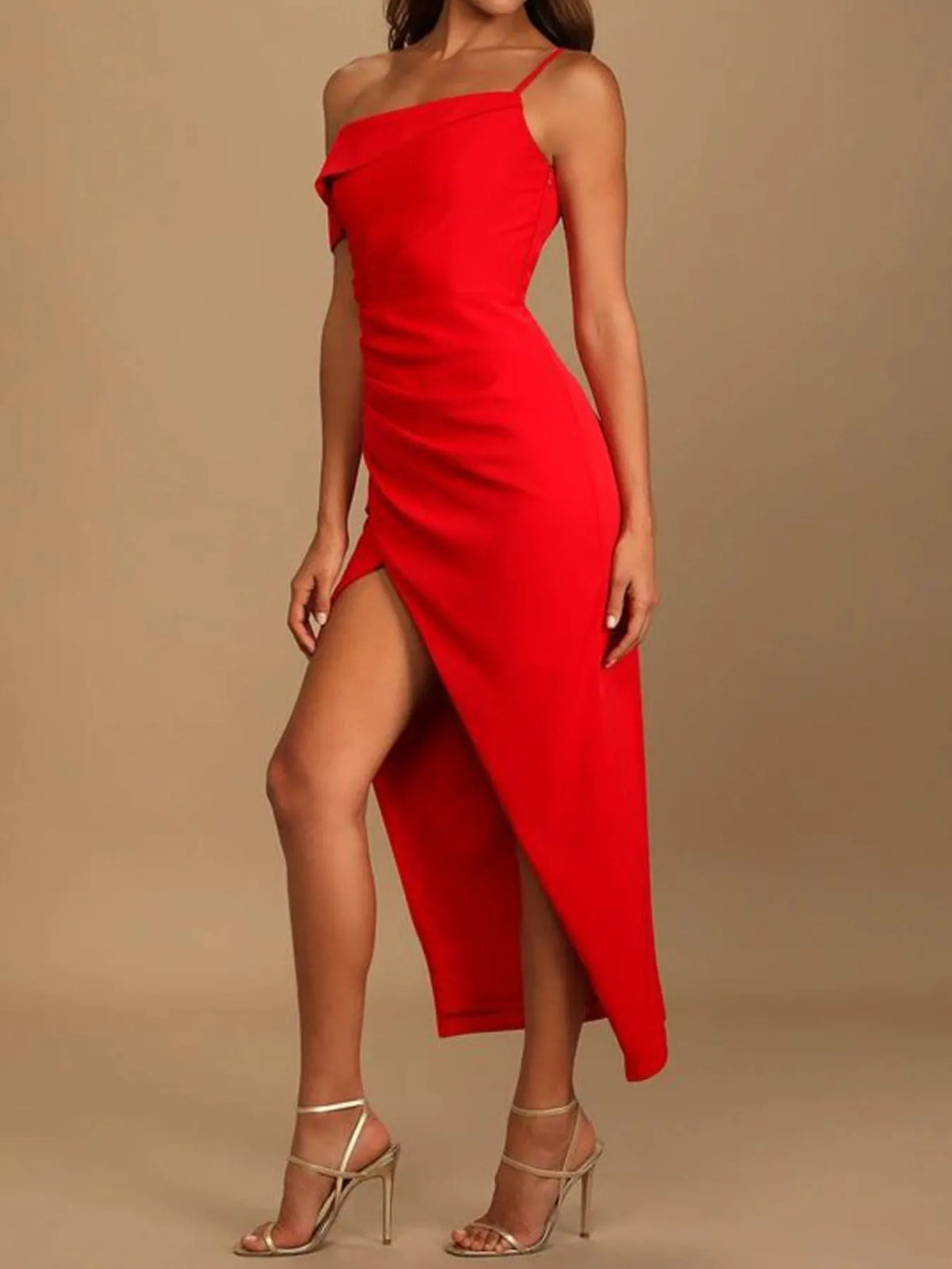 Split Asymmetrical Neck Midi Dress (5)