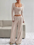 Striped Long Sleeve Crop Top Wide Leg Pants Set