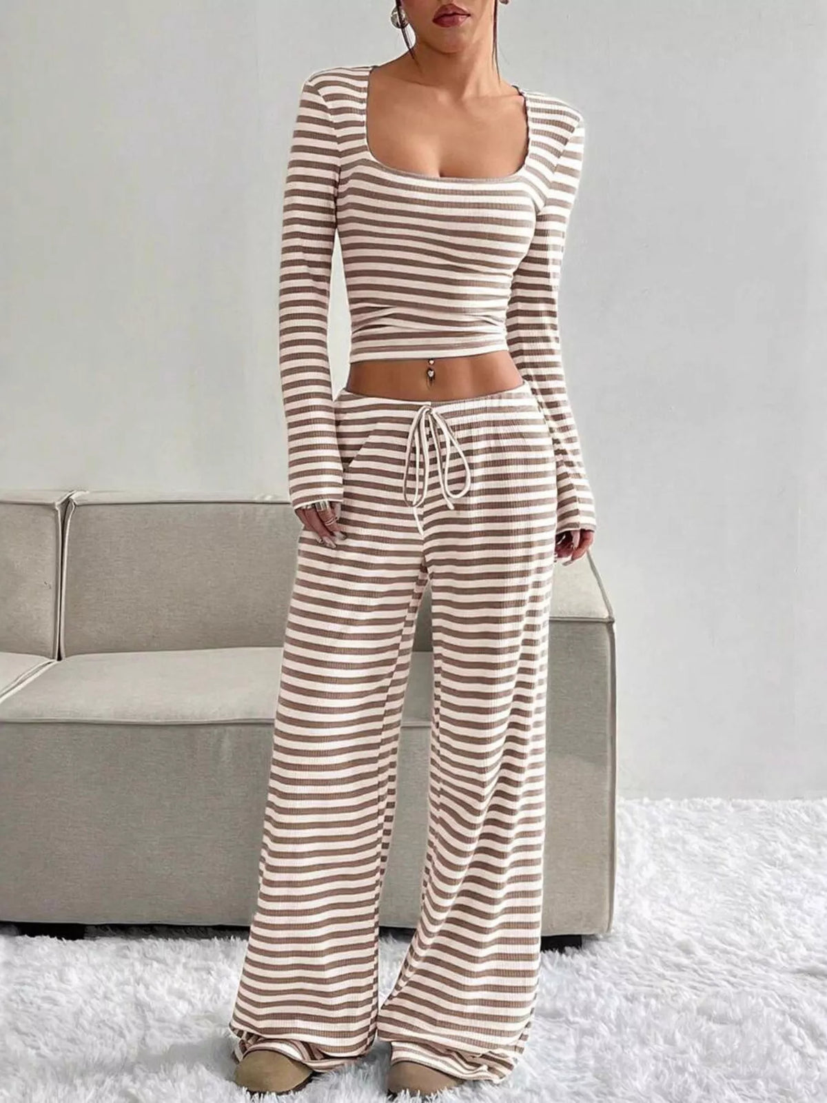 Striped Long Sleeve Crop Top Wide Leg Pants Set