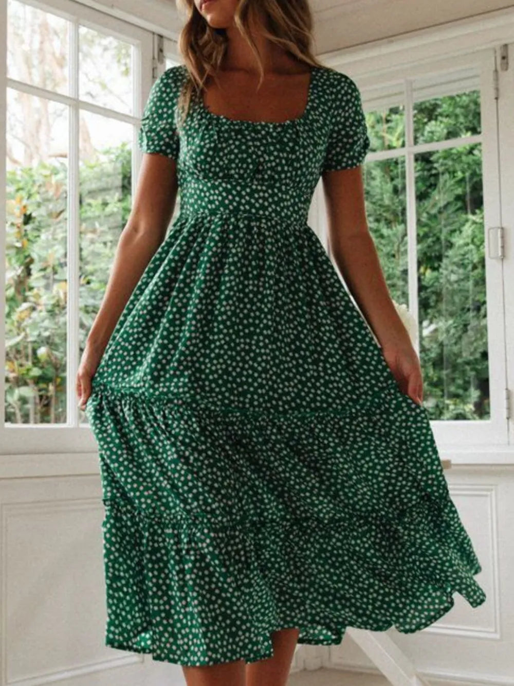 Printed Square Neck Short Sleeve Midi Dress (5)