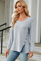 Slit Decorative Button Square Neck T-shirt (16)