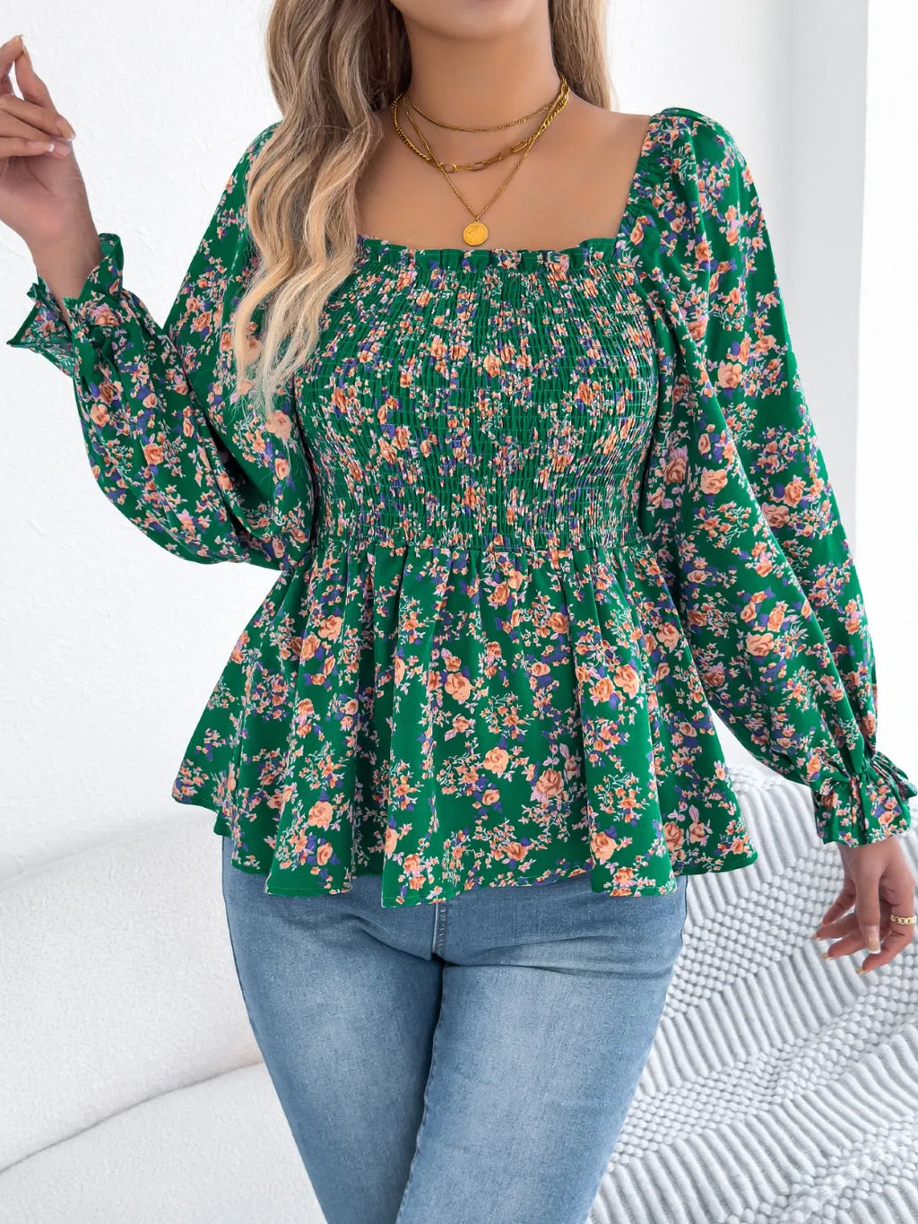 Floral Square Neck Flounce Sleeve Blouse (11)