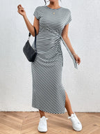 Tied Striped Round Neck Short Sleeve Tee Dress (4)