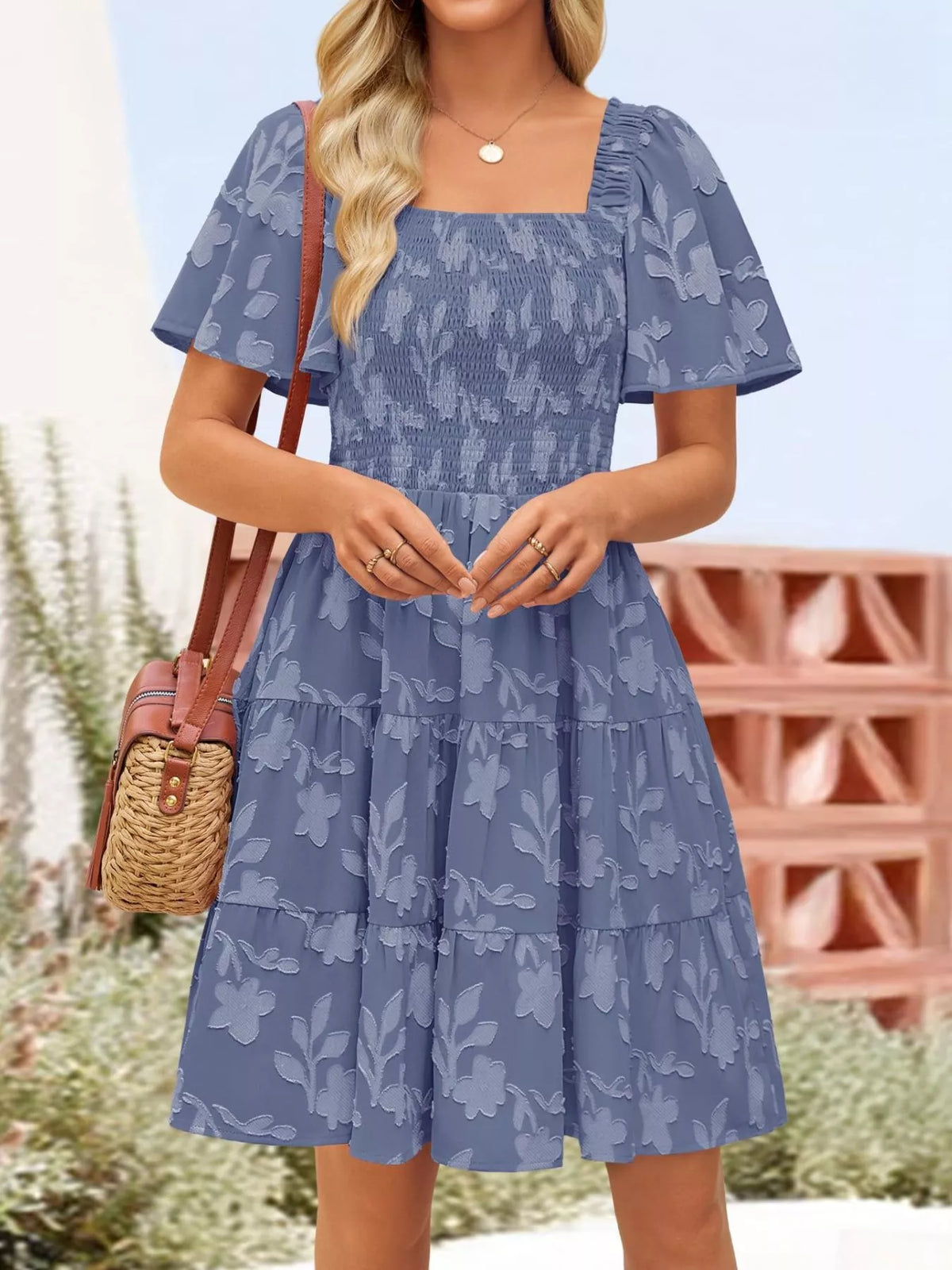Smocked Square Neck Tiered Mini Dress (20)