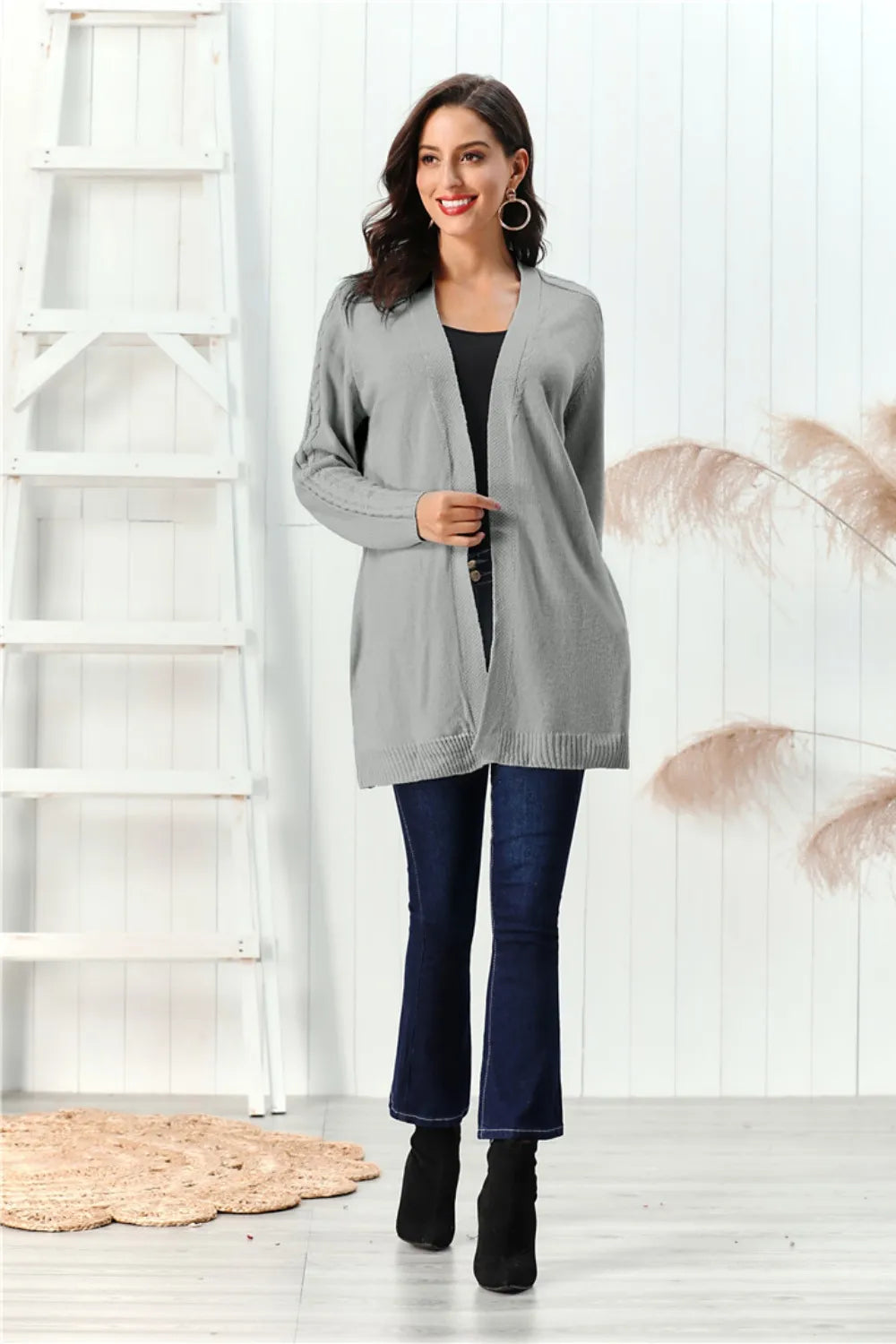 Cable-knit Open Front Long Sleeve Cardigan (13)