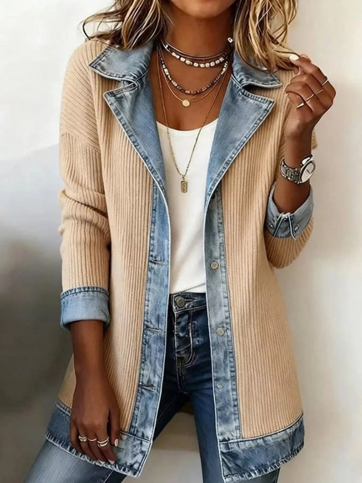 Full Size Denim Trim Ribbed Knit Cardigan Plus (32)